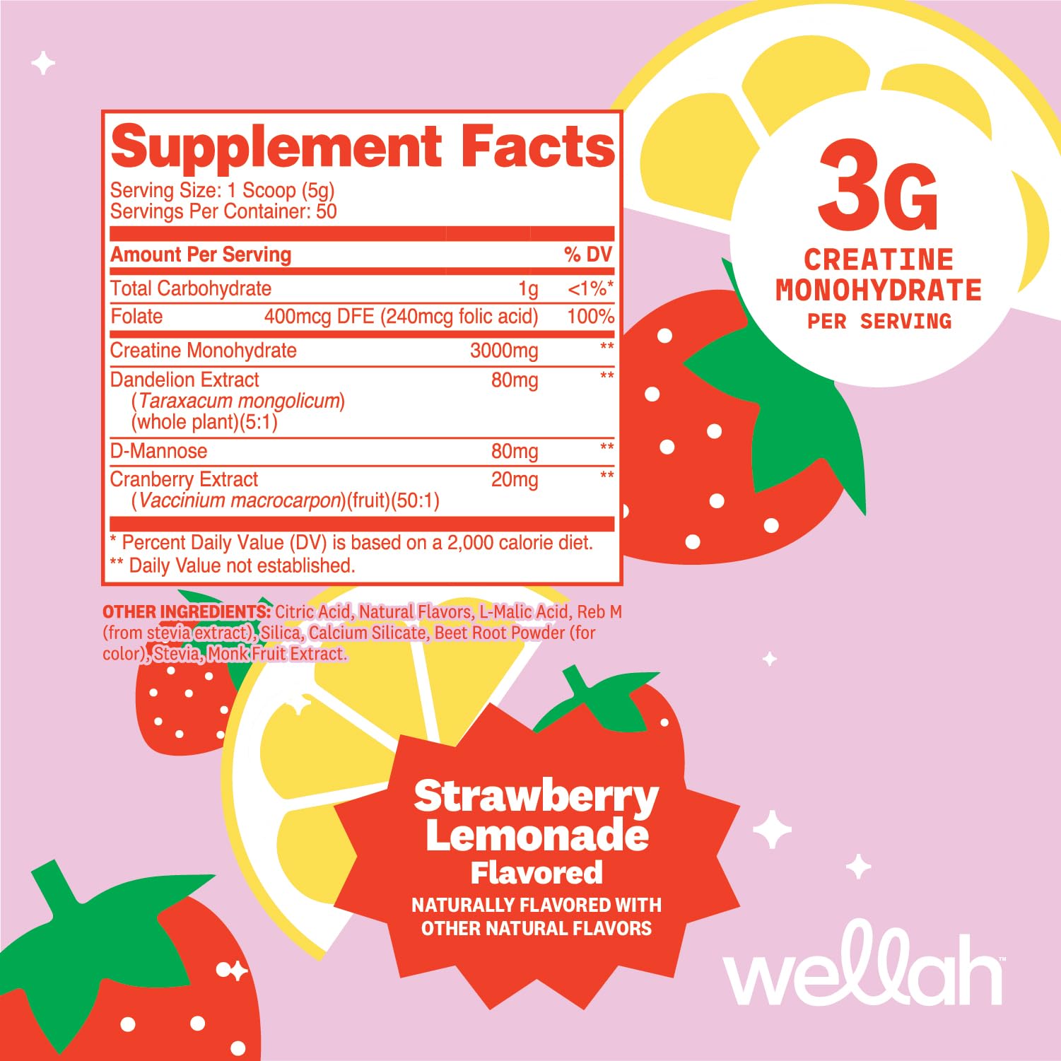Wellah Creatine for Women - Creatine Monohydrate with Dandelion & Cranberry Extract (50 Servings, Strawberry Lemonade) | Creatine Monohydrate with Dandelion & Cranberry Extract - PrimeBioHealth - canada supplements