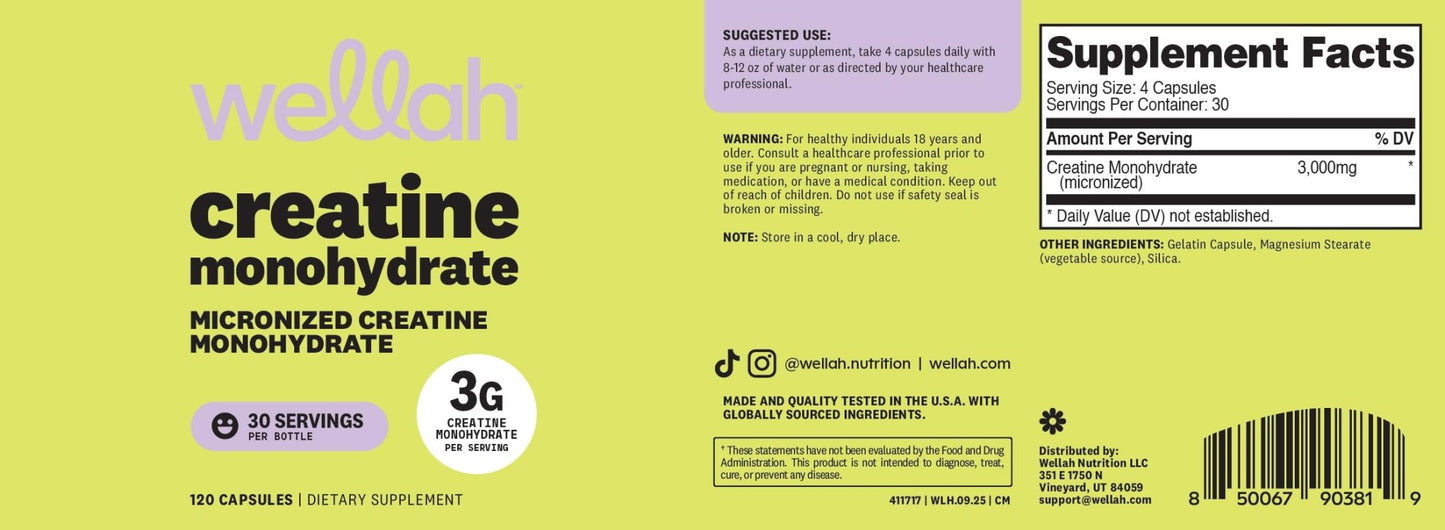 Wellah Creatine Monohydrate Capsules (3000 mg) 120 Capsules - Micronized Creatine, 30 Servings - PrimeBioHealth - canada supplements