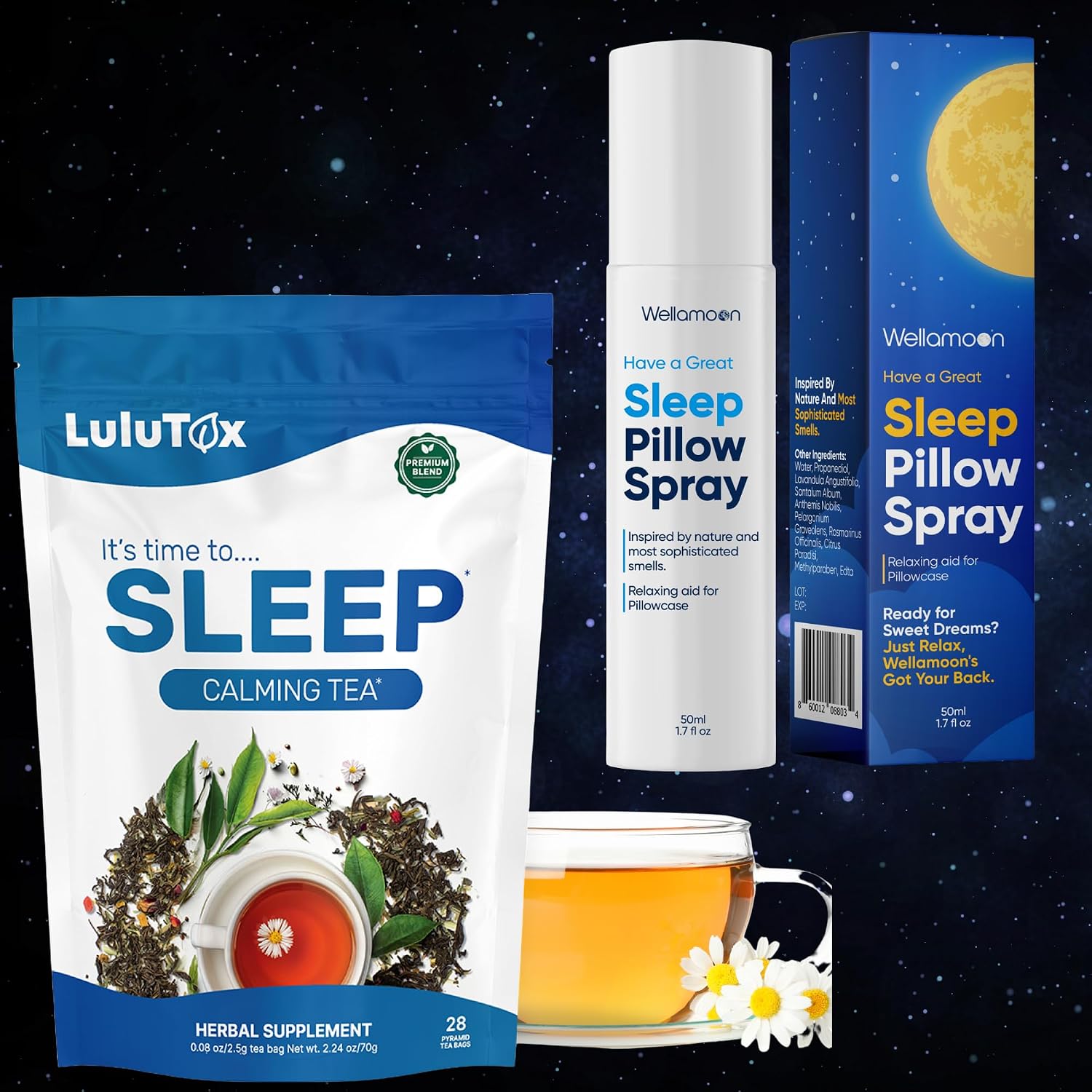 Wellamoon & Lulutox Evening Relaxation Set – Lavender Aromatherapy Mist & Herbal Infusion Tea – Calming Spray & 28 Tea Bags for a Peaceful Nighttime Routine - PrimeBioHealth - canada supplements