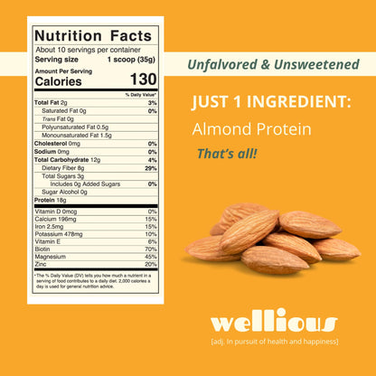 wellious Almond Protein Powder (Unflavored, Unsweetened) - 18 Grams of Pure Healthiest Vegan Protein for Women & Men | Soy-Free & Gut Friendly Protein - PrimeBioHealth - canada supplements