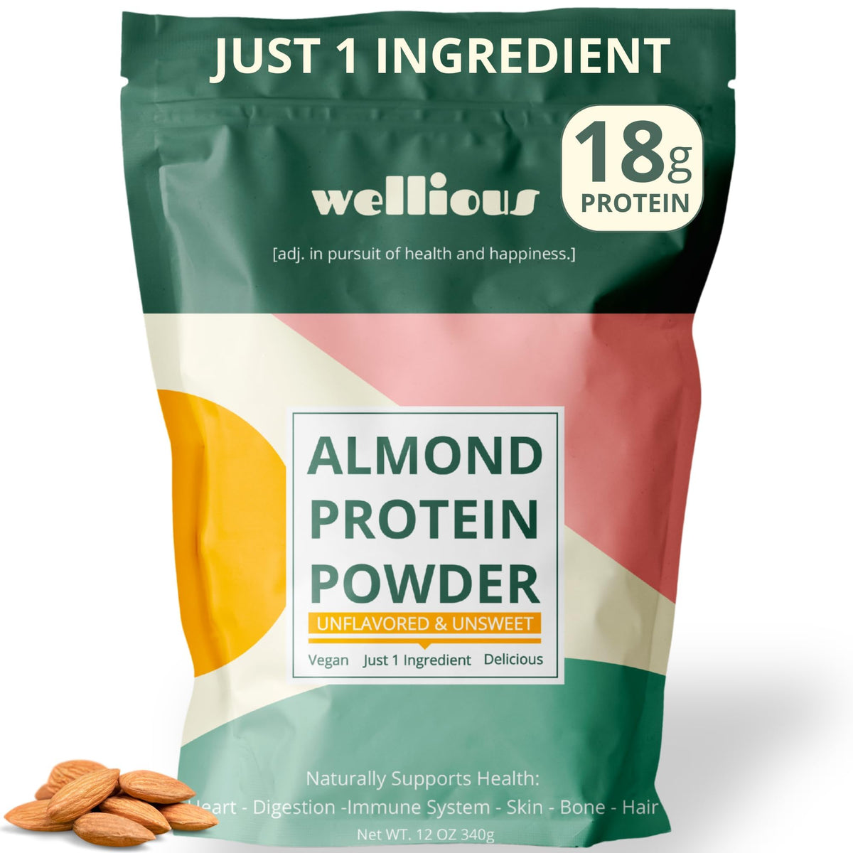 wellious Almond Protein Powder (Unflavored, Unsweetened) - 18 Grams of Pure Healthiest Vegan Protein for Women & Men | Soy-Free & Gut Friendly Protein - PrimeBioHealth - canada supplements