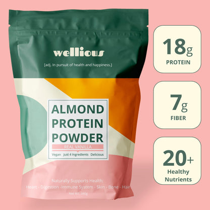 wellious Almond Protein Powder (Vanilla) - 18 Grams of Pure Healthiest Vegan Protein for Women & Men - Perfect Soy-Free & Smooth Gut Friendly Protein Powder for Sports Nutrition - PrimeBioHealth - canada supplements