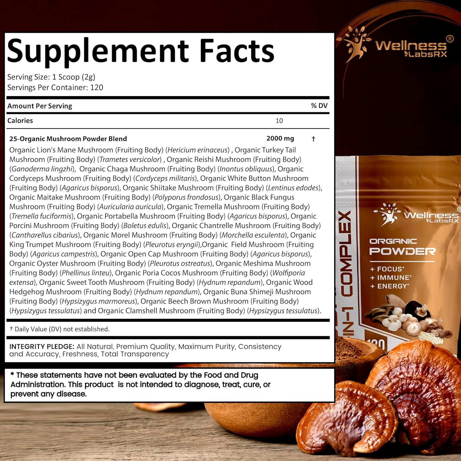 WELLNESS LABSRX Lions Mane Powder 2000mg - Mushroom Powder 25 in 1 2000mg | Bundle - PrimeBioHealth - canada supplements