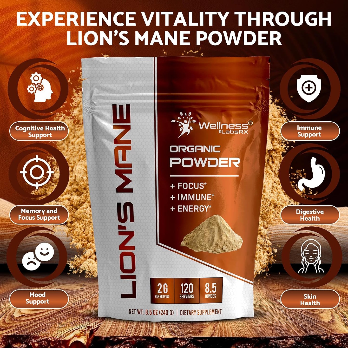 WELLNESS LABSRX Lions Mane Powder, Mushroom Supplement - 2000mg - Lions Mane Supplement - Lion's Mane Mushroom Powder Brain Supplements for Memory and Focus, Immune Support and Health - 120 Servings - PrimeBioHealth - canada supplements