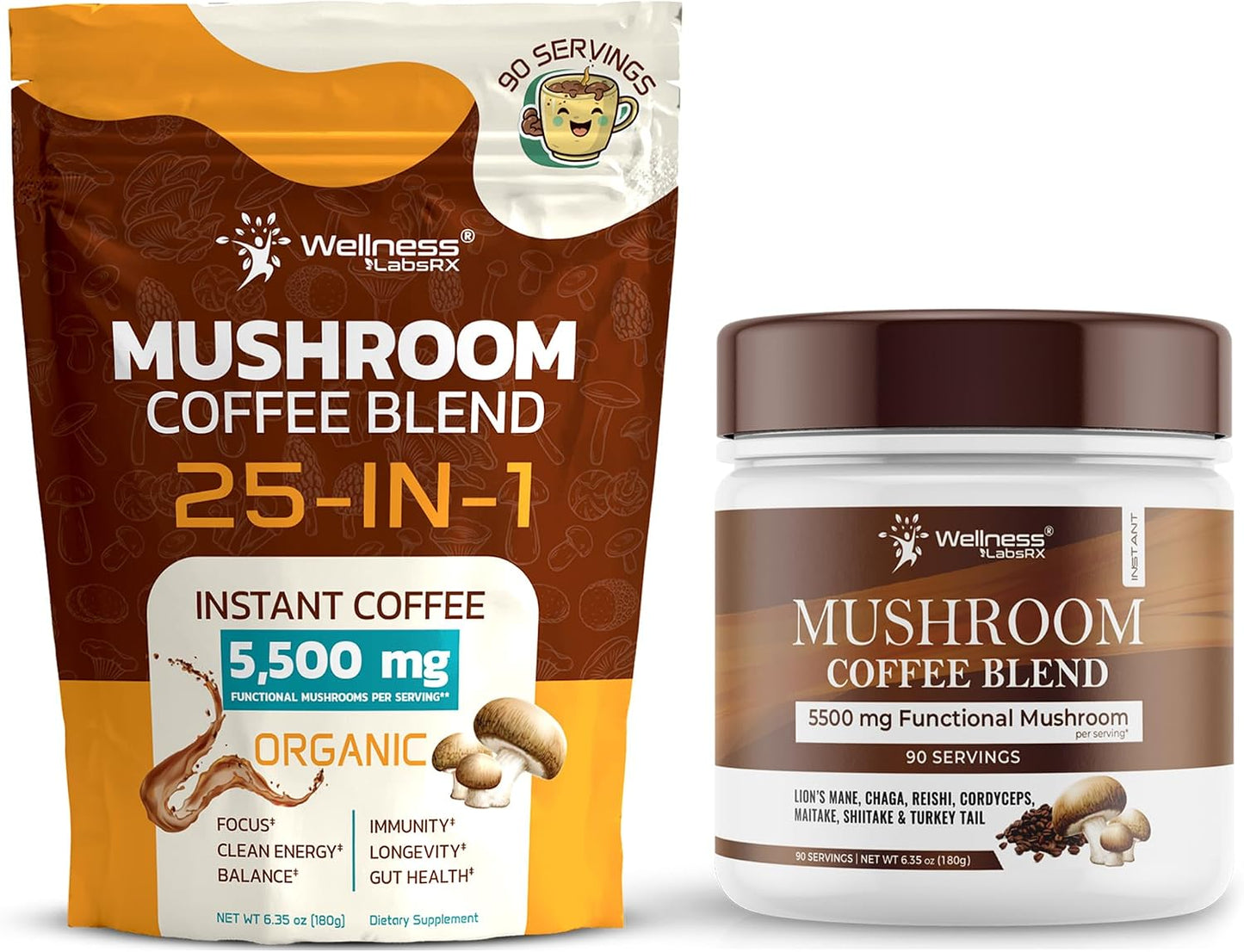 WELLNESS LABSRX Mushroom Coffee 25-in-1 with Instant Mushroom Coffee Blend 5500mg | Bundle - PrimeBioHealth - canada supplements