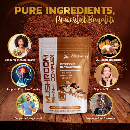 WELLNESS LABSRX Mushroom Powder, 25 in 1 Mushrooms Supplement - 2000mg, 25 Superfood Mishroom Lions Mane Powder with Chaga, Shiitake, Cordyceps, Reishi - Lion's Mane Mushroom - 120 Servings - PrimeBioHealth - canada supplements
