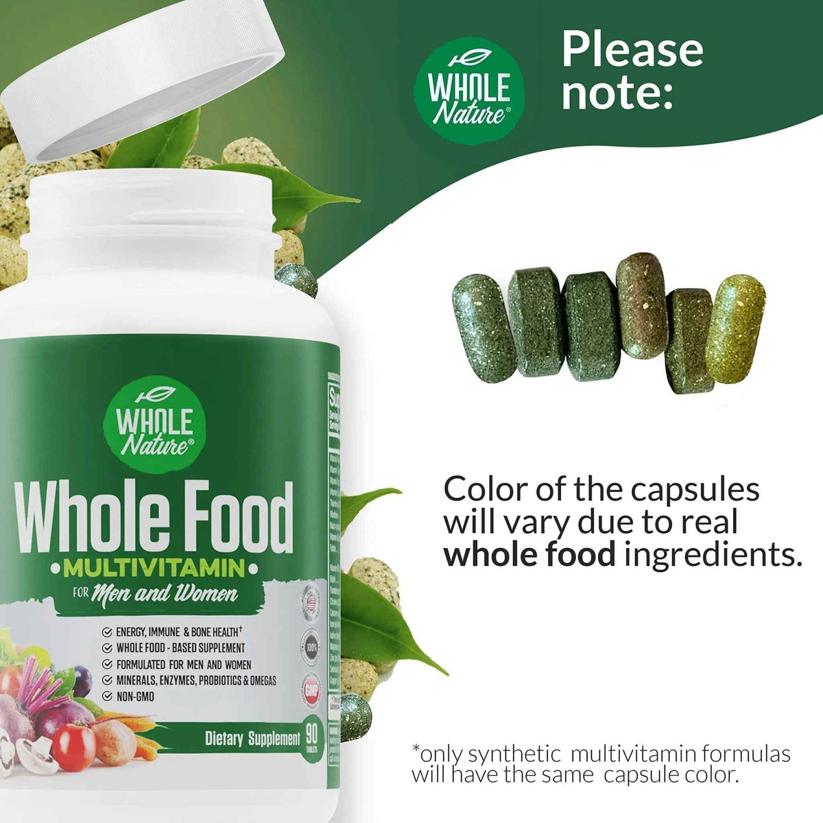 Whole Nature Whole Food Multivitamin for Men and Women Complete Daily Superfood Vitamins Plus Minerals Digestive Enzymes