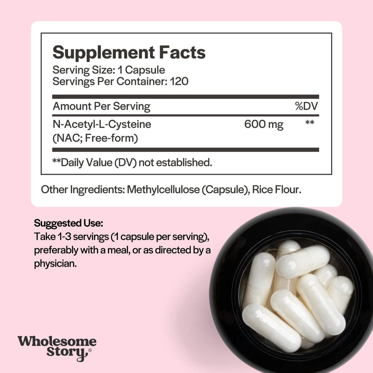 Wholesome Story NAC Supplement N Acetyl Cysteine 600 mg | Liver, Lung & Fertility Support | 120 Capsules | 120 Serving Supply - PrimeBioHealth - canada supplements