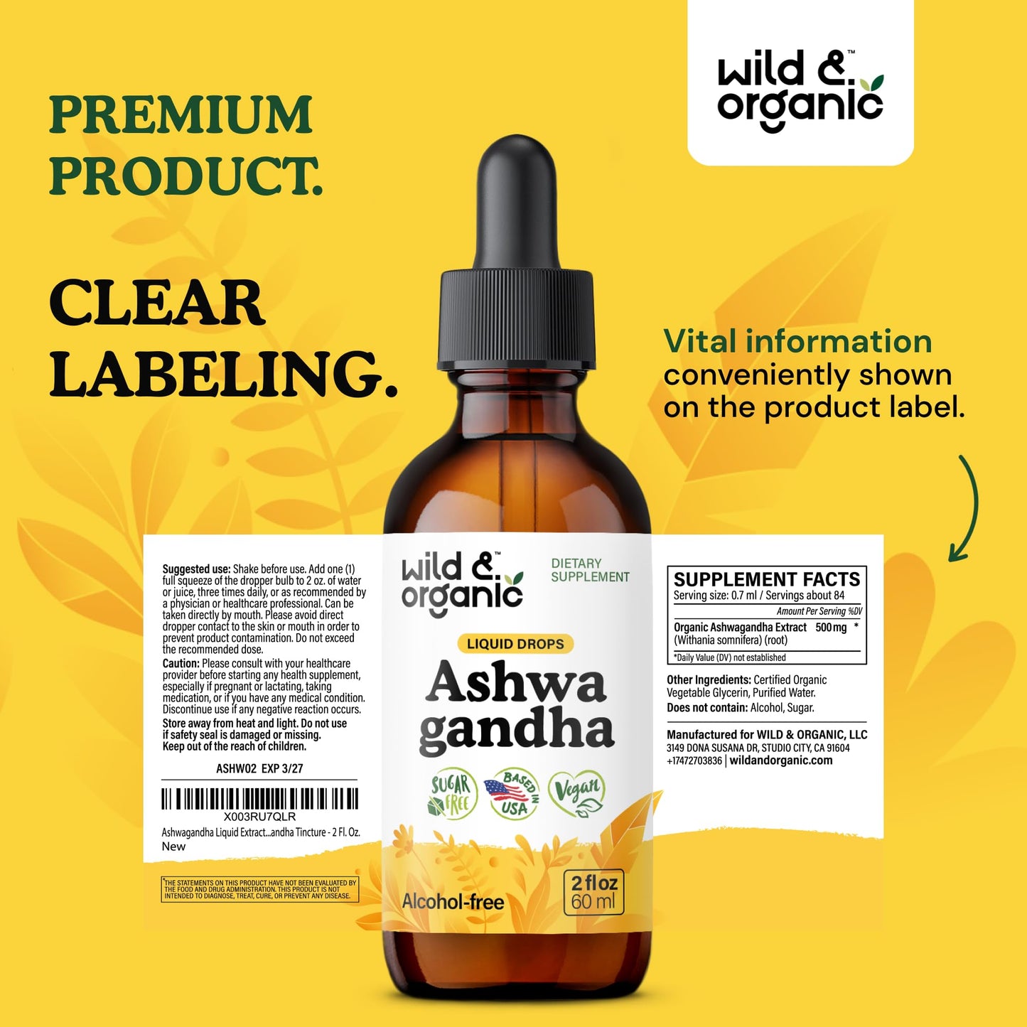 Wild & Organic Ashwagandha Drops - Mood Support & Positive Energy - 500 mg Ashwagandha for Women & Men - Add to Tea Liquid Extract for Relaxation - Non-GMO, Sugar & Alcohol-Free Tincture - 4 fl oz - PrimeBioHealth - canada supplements