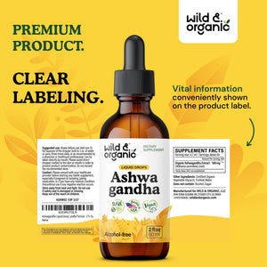 Wild & Organic Ashwagandha Drops - Mood Support & Positive Energy - 500 mg Ashwagandha for Women & Men - Add to Tea Liquid Extract for Relaxation - Non-GMO, Sugar & Alcohol-Free Tincture - 4 fl oz - PrimeBioHealth - canada supplements