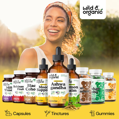 Wild & Organic Ashwagandha Drops - Mood Support & Positive Energy - 500 mg Ashwagandha for Women & Men - Add to Tea Liquid Extract for Relaxation - Non-GMO, Sugar & Alcohol-Free Tincture - 4 fl oz - PrimeBioHealth - canada supplements
