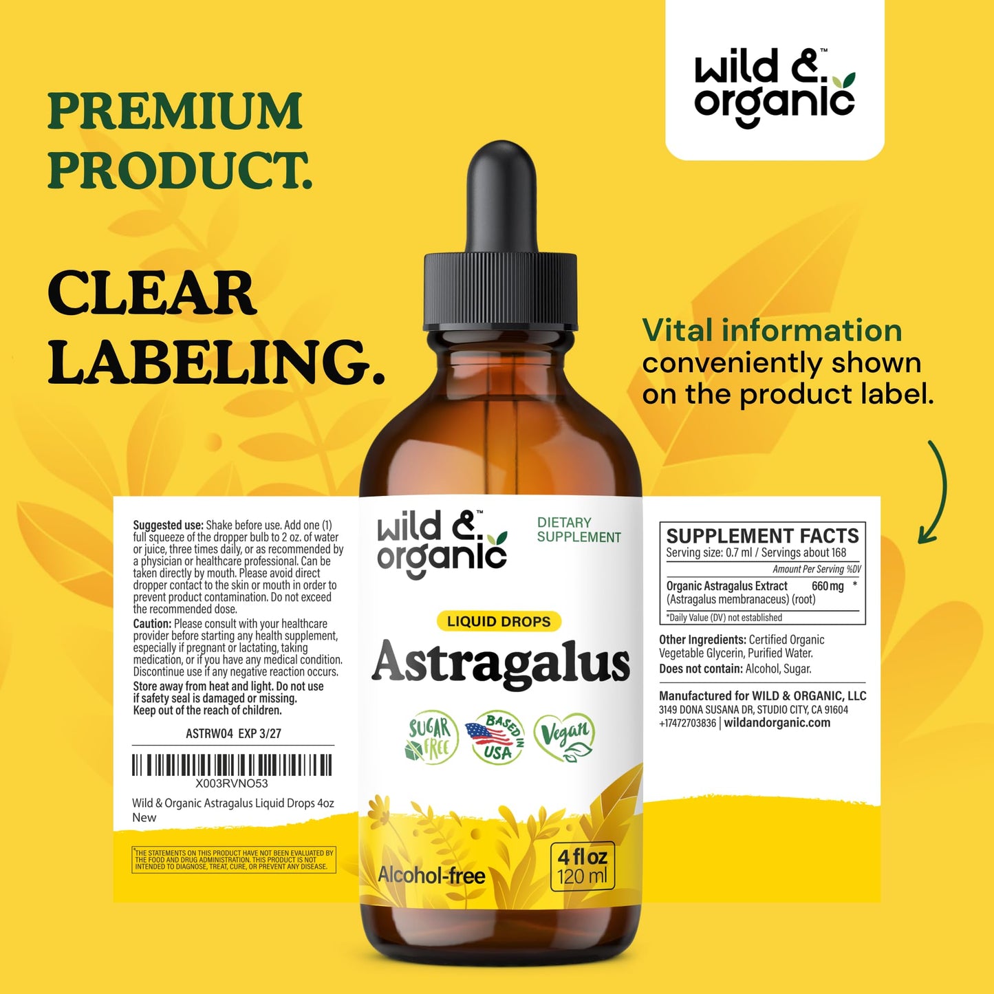 Wild & Organic Astragalus Root Extract Drops - Immune Support - Liquid Astragalus Supplement - Add to Tea & Mix with Powder - Membranaceus Herb - Vegan, Sugar & Alcohol-Free Tincture - 4 fl oz - PrimeBioHealth - canada supplements