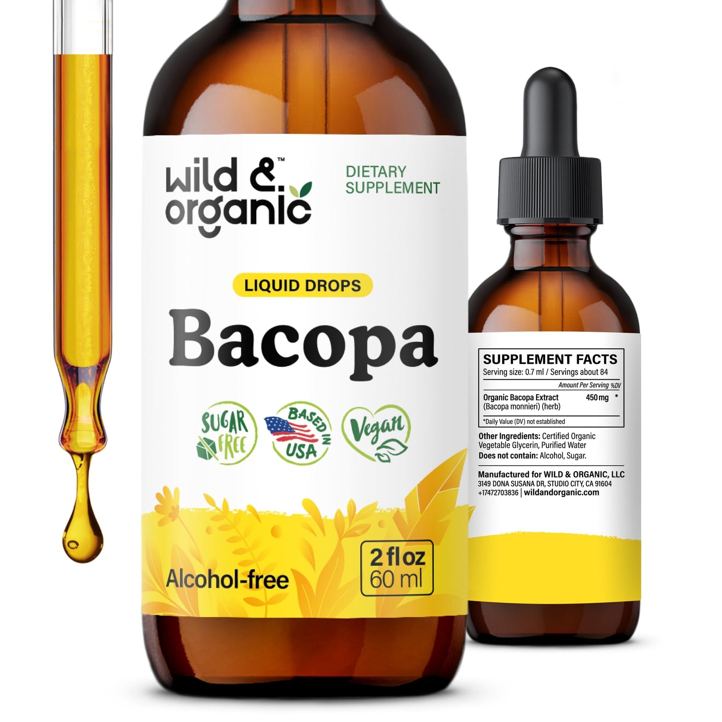 Wild & Organic Bacopa Monnieri Supplement - Brain & Focus Support - Bacopa Extract Liquid Drops - Brahmi Herb Tincture to Add to Tea - 5-Month Supply - Vegan, Sugar & Alcohol-Free - 4 fl oz - PrimeBioHealth - canada supplements
