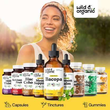 Wild & Organic Bacopa Monnieri Supplement - Brain & Focus Support - Bacopa Extract Liquid Drops - Brahmi Herb Tincture to Add to Tea - 5-Month Supply - Vegan, Sugar & Alcohol-Free - 4 fl oz - PrimeBioHealth - canada supplements