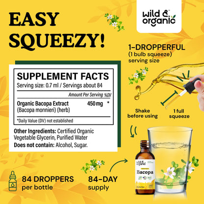 Wild & Organic Bacopa Monnieri Supplement - Brain & Focus Support - Bacopa Extract Liquid Drops - Brahmi Herb Tincture to Add to Tea - 5-Month Supply - Vegan, Sugar & Alcohol-Free - 4 fl oz - PrimeBioHealth - canada supplements