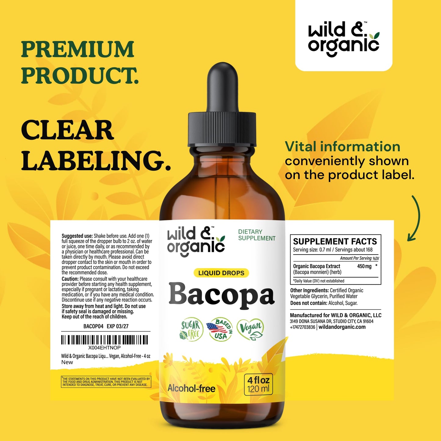 Wild & Organic Bacopa Monnieri Supplement - Brain & Focus Support - Bacopa Extract Liquid Drops - Brahmi Herb Tincture to Add to Tea - 5-Month Supply - Vegan, Sugar & Alcohol-Free - 4 fl oz - PrimeBioHealth - canada supplements