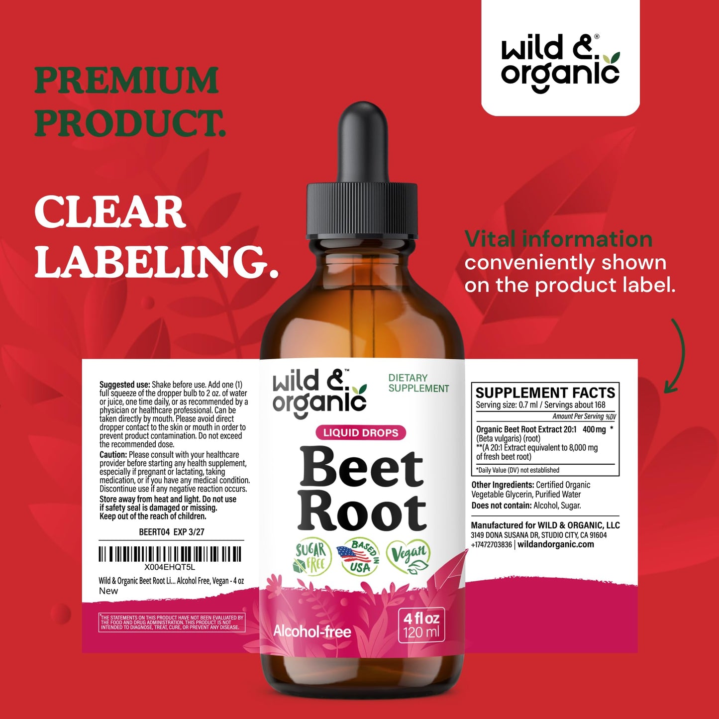 Wild & Organic Beet Root Extract Drops - Energy Support - Liquid Red Beets Supplements - 400 mg per Serving - Mix with Powder - Vegan, Sugar & Alcohol - 4 fl oz - PrimeBioHealth - canada supplements