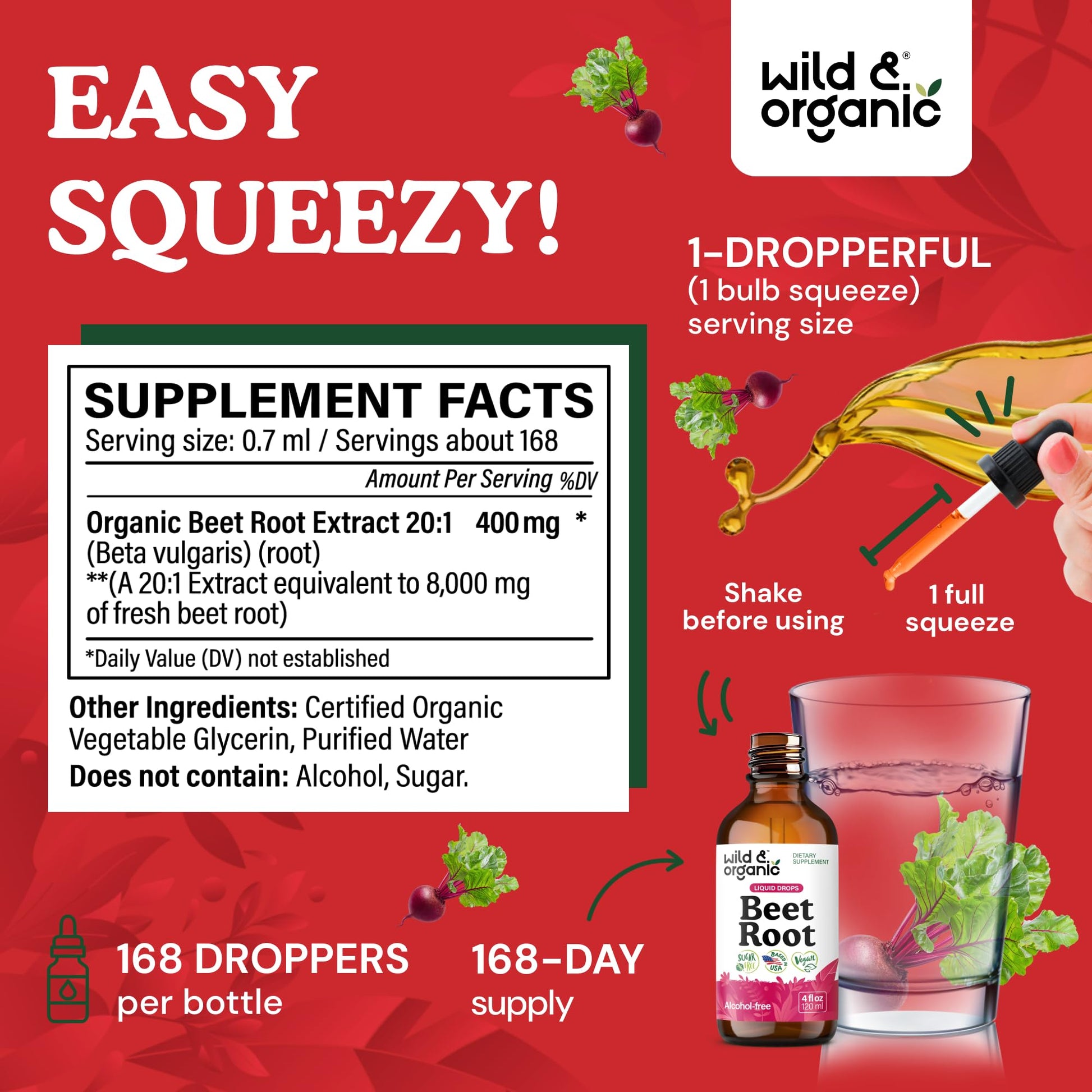 Wild & Organic Beet Root Extract Drops - Energy Support - Liquid Red Beets Supplements - 400 mg per Serving - Mix with Powder - Vegan, Sugar & Alcohol - 4 fl oz - PrimeBioHealth - canada supplements