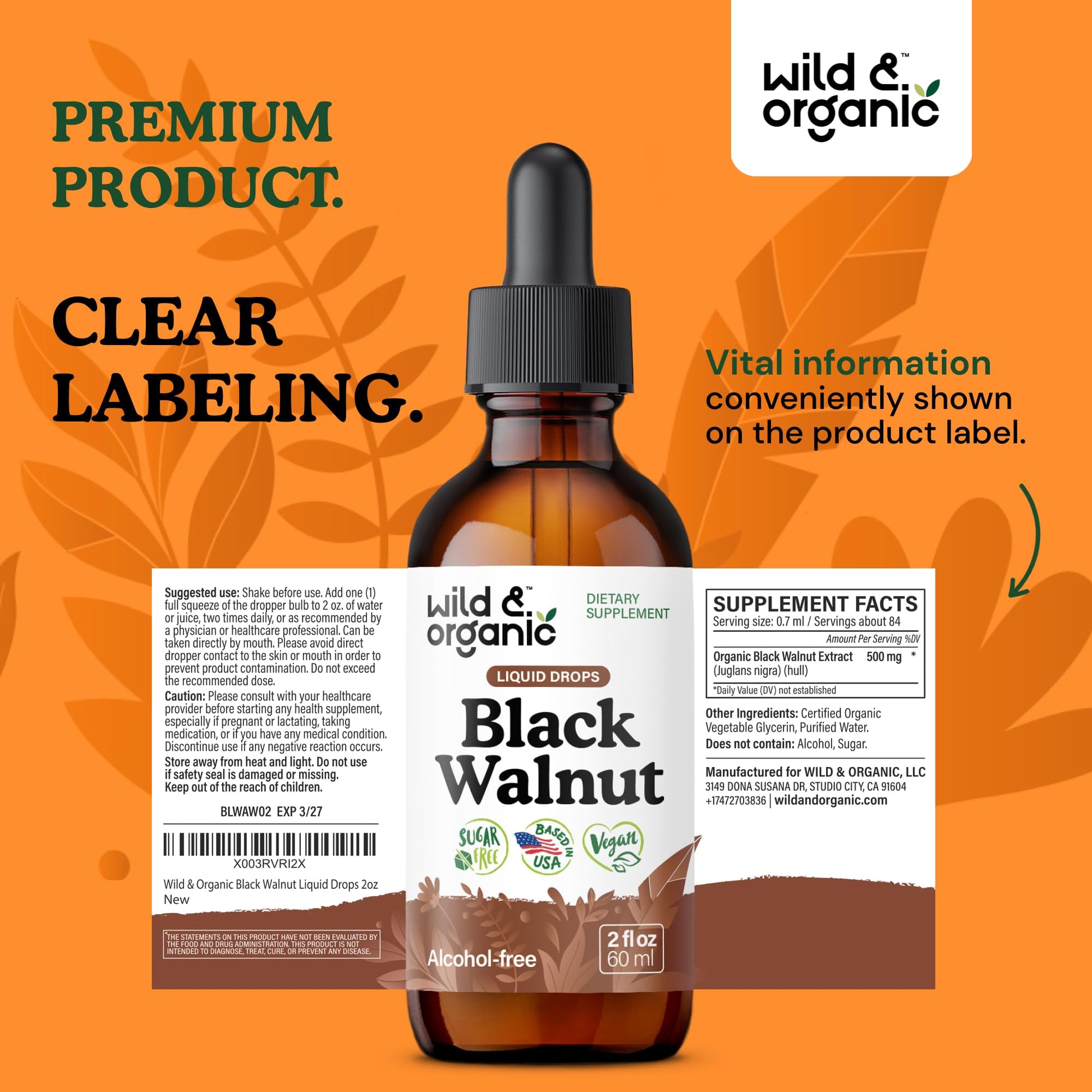 Wild & Organic Black Walnut Hull Tincture - Cleanse & Gut Support - Black Walnut Extract Supplement - Fast Absorption Liquid Drops - Add to Tea & Mix with Powder - Without Alcohol & Sugar - 4 fl oz - PrimeBioHealth - canada supplements