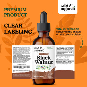 Wild & Organic Black Walnut Hull Tincture - Cleanse & Gut Support - Black Walnut Extract Supplement - Fast Absorption Liquid Drops - Add to Tea & Mix with Powder - Without Alcohol & Sugar - 4 fl oz - PrimeBioHealth - canada supplements
