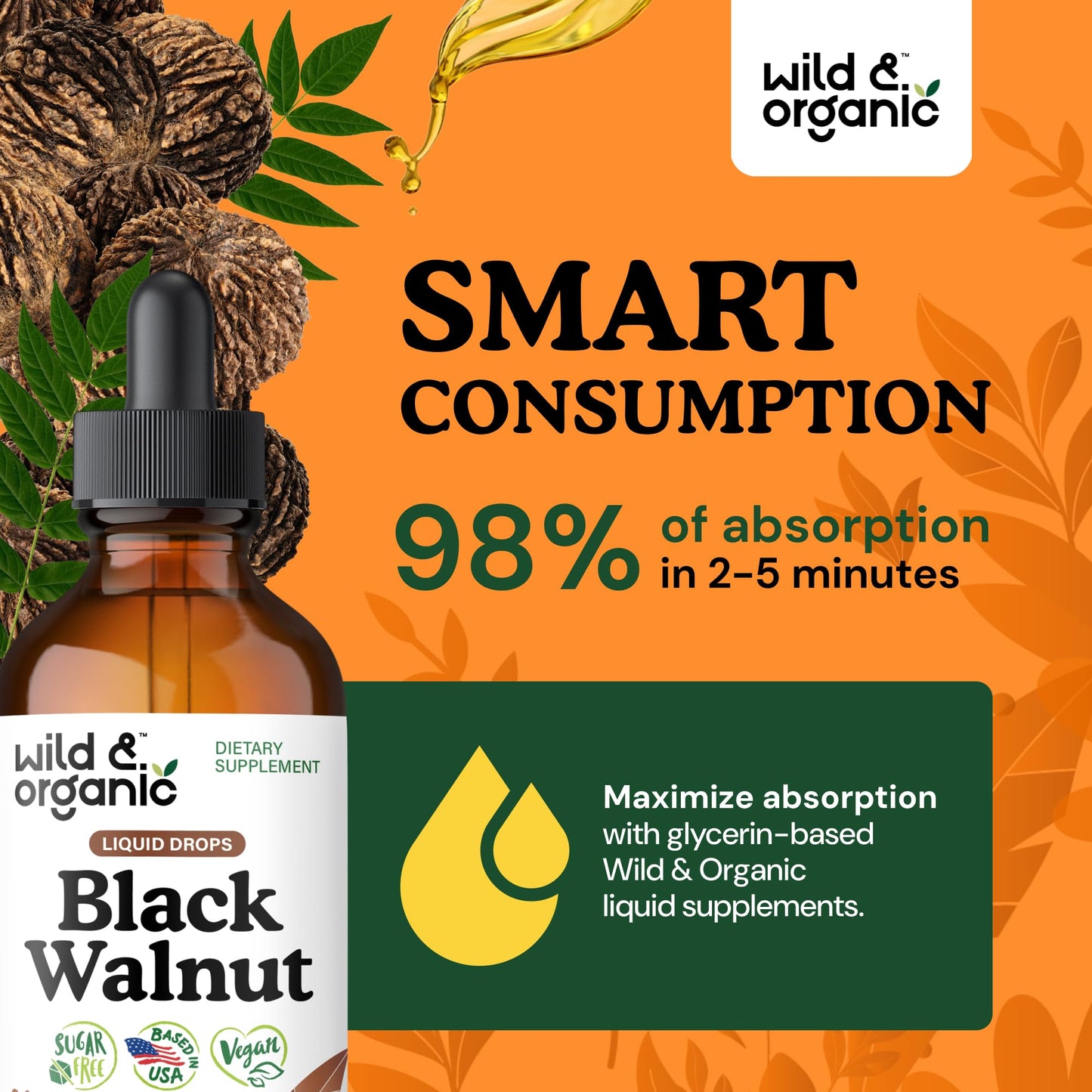 Wild & Organic Black Walnut Hull Tincture - Cleanse & Gut Support - Black Walnut Extract Supplement - Fast Absorption Liquid Drops - Add to Tea & Mix with Powder - Without Alcohol & Sugar - 4 fl oz - PrimeBioHealth - canada supplements