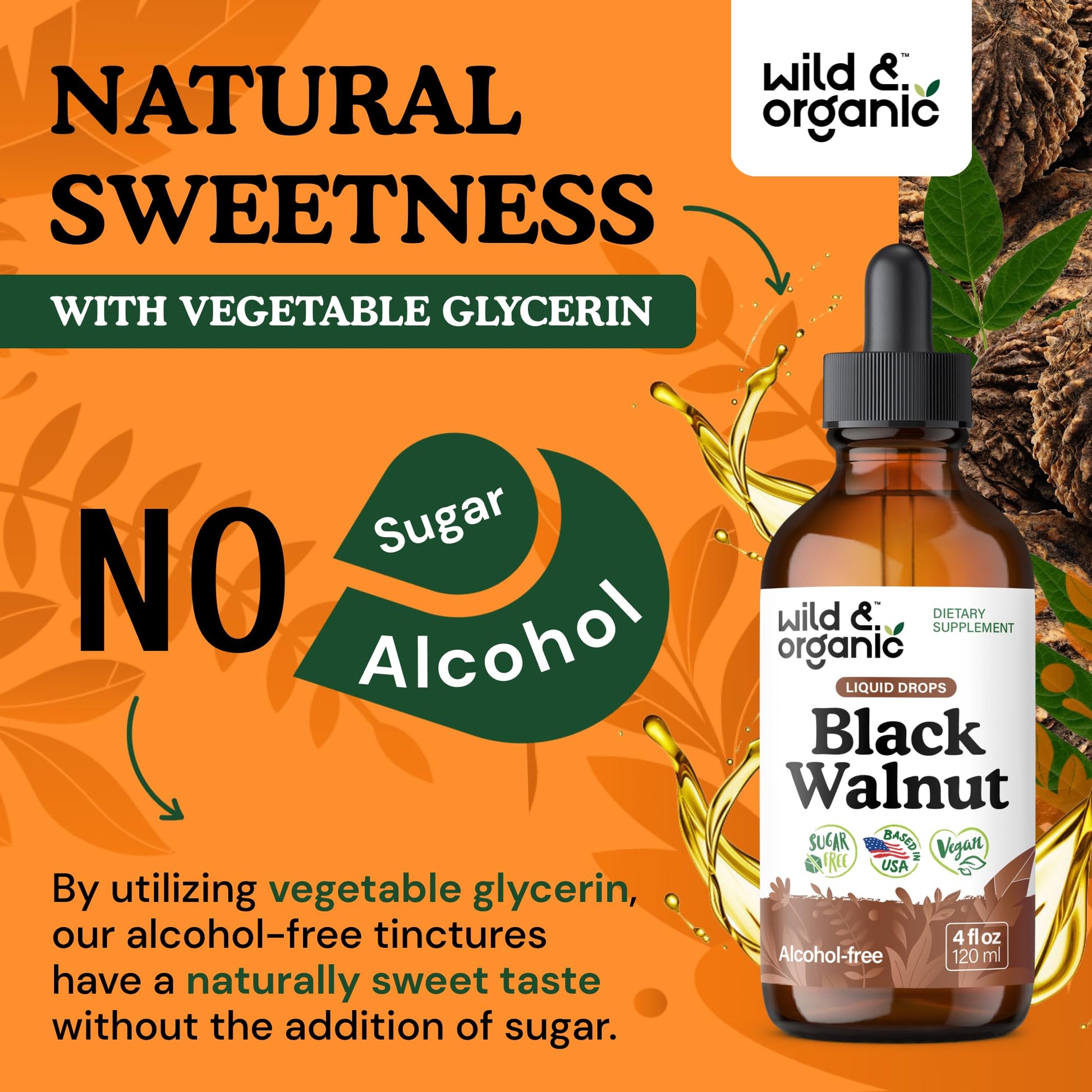 Wild & Organic Black Walnut Hull Tincture - Cleanse & Gut Support - Black Walnut Extract Supplement - Fast Absorption Liquid Drops - Add to Tea & Mix with Powder - Without Alcohol & Sugar - 4 fl oz - PrimeBioHealth - canada supplements