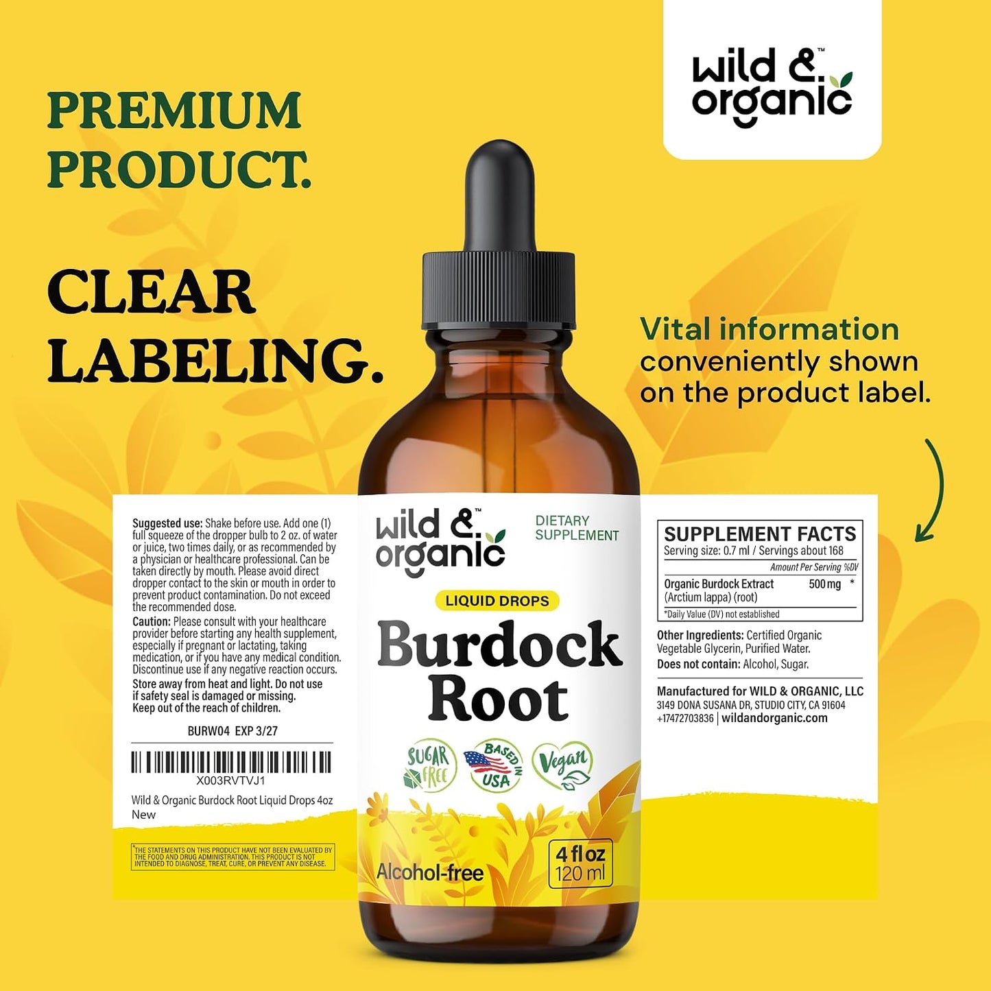 Wild & Organic Burdock Root Tincture - Antioxidant, Detox & Lymphatic Support - Burdock Root Extract Drops - Arctium Lappa Herb Supplement - Add to Tea - Vegan, Sugar & Alcohol-Free - 4 fl oz - PrimeBioHealth - canada supplements