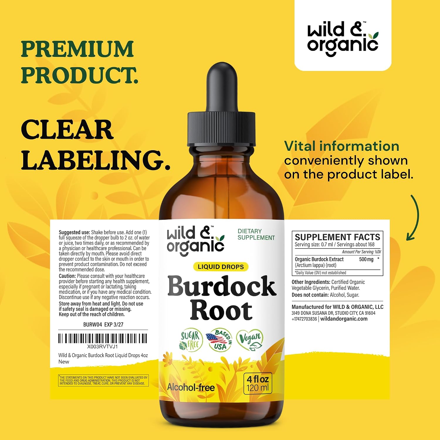 Wild & Organic Burdock Root Tincture - Antioxidant, Detox & Lymphatic Support - Burdock Root Extract Drops - Arctium Lappa Herb Supplement - Add to Tea - Vegan, Sugar & Alcohol-Free - 4 fl oz - PrimeBioHealth - canada supplements