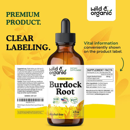 Wild & Organic Burdock Root Tincture - Antioxidant, Detox & Lymphatic Support - Burdock Root Extract Drops - Arctium Lappa Herb Supplement - Add to Tea - Vegan, Sugar & Alcohol-Free - 4 fl oz - PrimeBioHealth - canada supplements