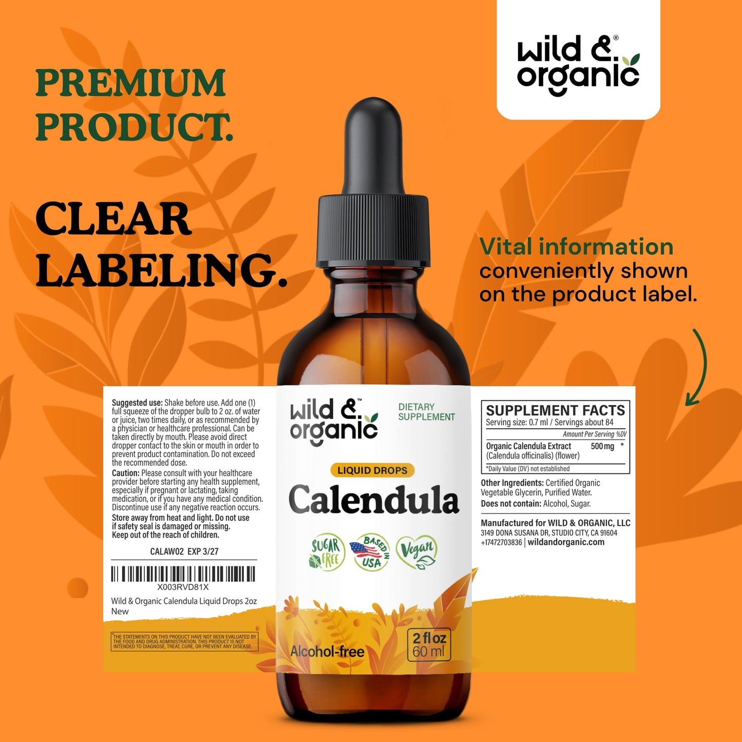 Wild & Organic Calendula Flowers Supplement - Antioxidant, Immune & Skin Support - Add to Tea Extract Drops - Calendula Herb Tincture - Vegan, Alcohol & Sugar-Free - 4 fl oz - PrimeBioHealth - canada supplements