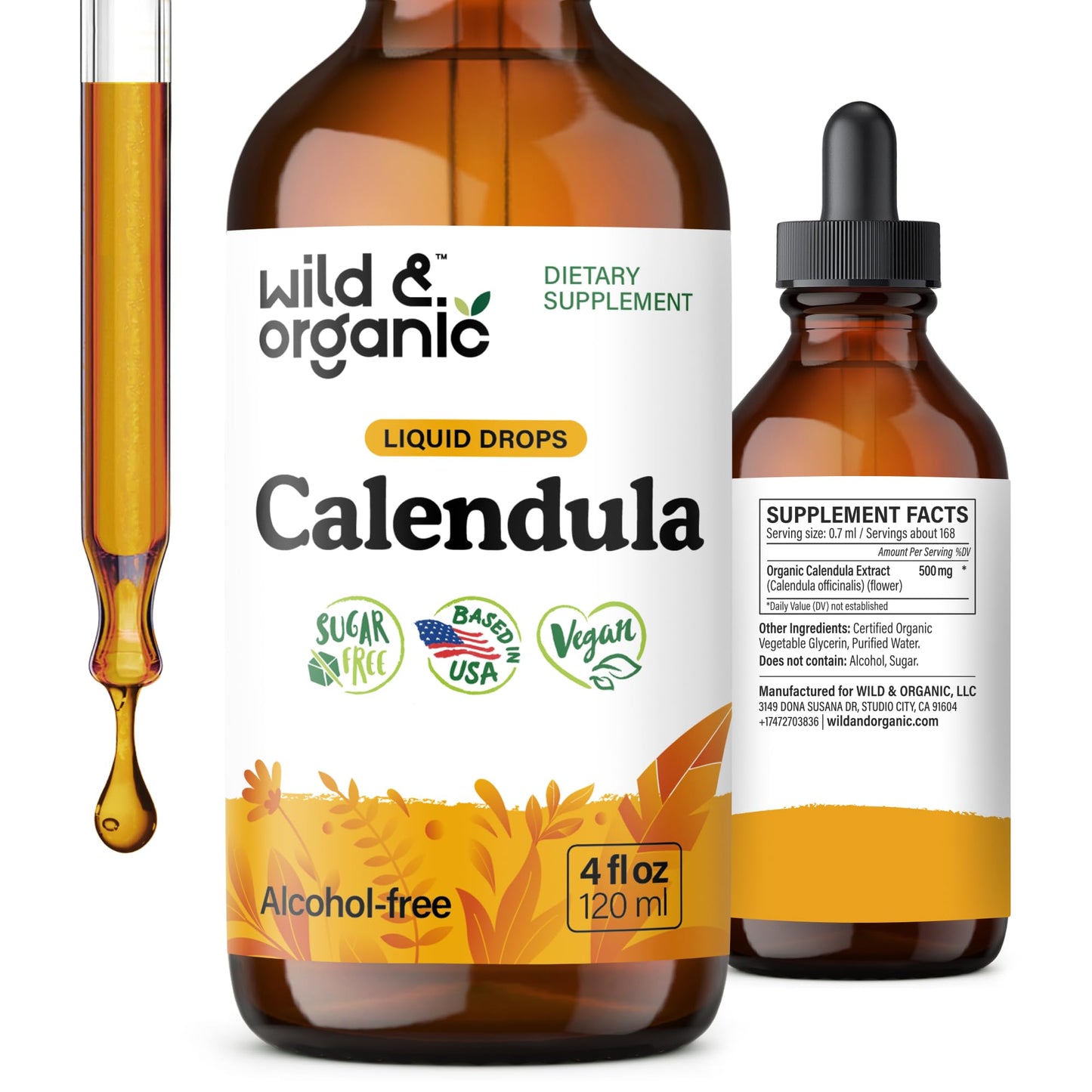 Wild & Organic Calendula Flowers Supplement - Antioxidant, Immune & Skin Support - Add to Tea Extract Drops - Calendula Herb Tincture - Vegan, Alcohol & Sugar-Free - 4 fl oz - PrimeBioHealth - canada supplements