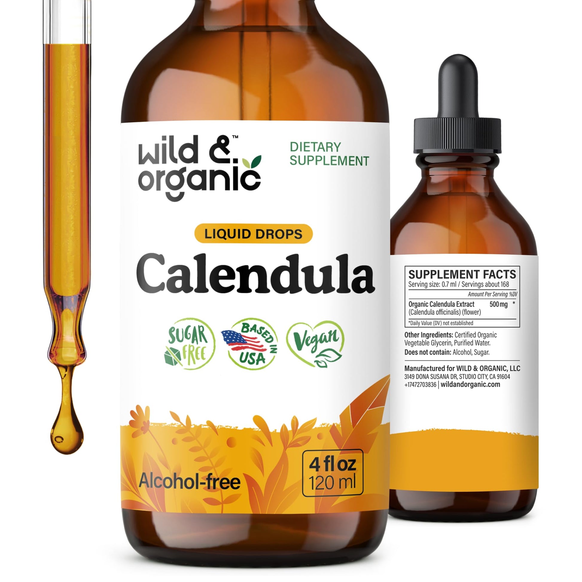 Wild & Organic Calendula Flowers Supplement - Antioxidant, Immune & Skin Support - Add to Tea Extract Drops - Calendula Herb Tincture - Vegan, Alcohol & Sugar-Free - 4 fl oz - PrimeBioHealth - canada supplements