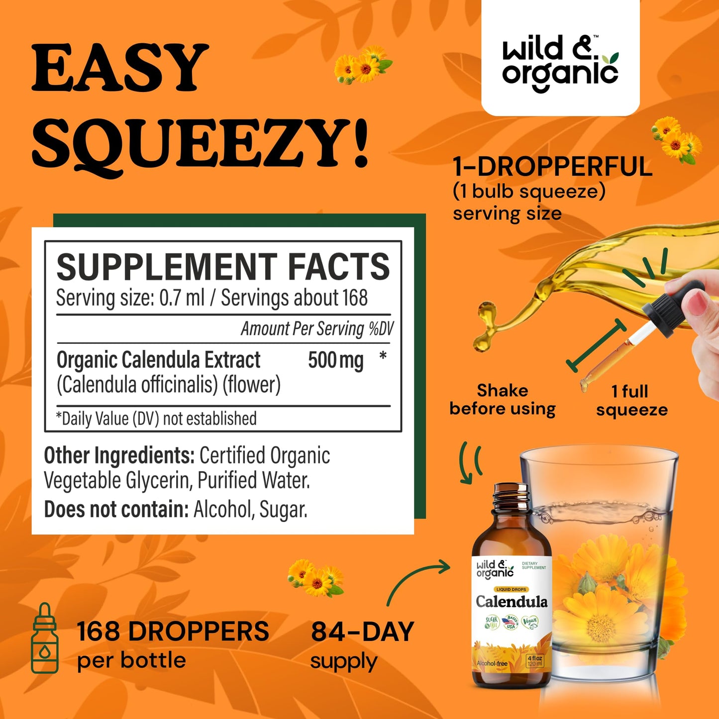 Wild & Organic Calendula Flowers Supplement - Antioxidant, Immune & Skin Support - Add to Tea Extract Drops - Calendula Herb Tincture - Vegan, Alcohol & Sugar-Free - 4 fl oz - PrimeBioHealth - canada supplements
