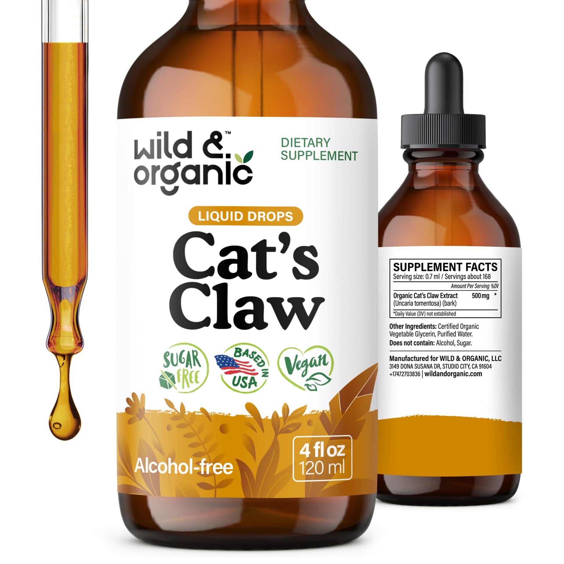 Wild & Organic Cats Claw Herb Supplement - Immune Support - Pure Cats Claw Tincture - Add to Tea Liquid Drops - Uncaria Tomentosa Bark - Vegan, Sugar & Alcohol-Free - 4 fl oz - PrimeBioHealth - canada supplements