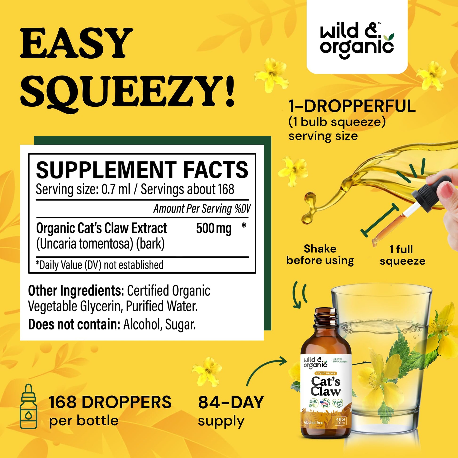 Wild & Organic Cats Claw Herb Supplement - Immune Support - Pure Cats Claw Tincture - Add to Tea Liquid Drops - Uncaria Tomentosa Bark - Vegan, Sugar & Alcohol-Free - 4 fl oz - PrimeBioHealth - canada supplements