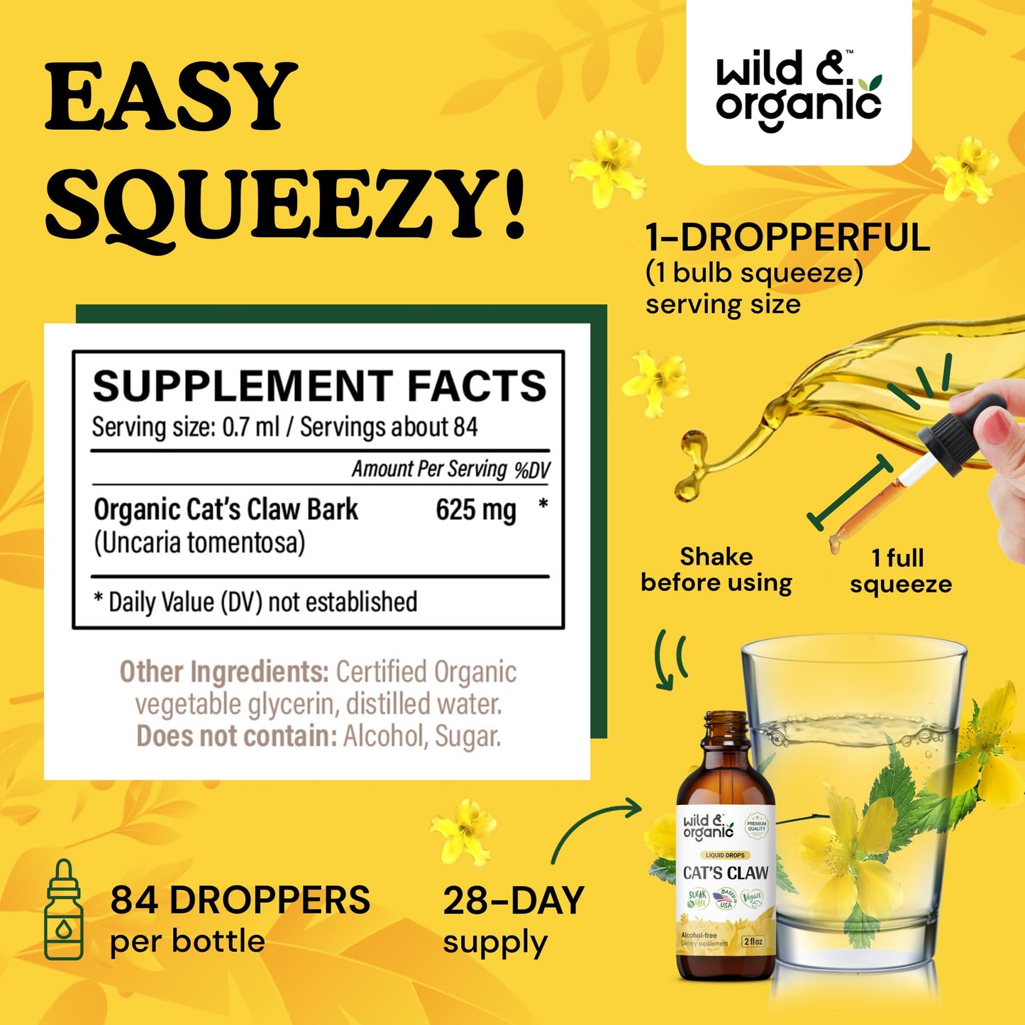 Wild & Organic Cats Claw Herb Supplement - Immune Support - Pure Cats Claw Tincture - Add to Tea Liquid Drops - Uncaria Tomentosa Bark - Vegan, Sugar & Alcohol-Free - 4 fl oz - PrimeBioHealth - canada supplements