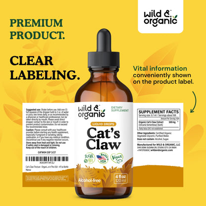 Wild & Organic Cats Claw Herb Supplement - Immune Support - Pure Cats Claw Tincture - Add to Tea Liquid Drops - Uncaria Tomentosa Bark - Vegan, Sugar & Alcohol-Free - 4 fl oz - PrimeBioHealth - canada supplements