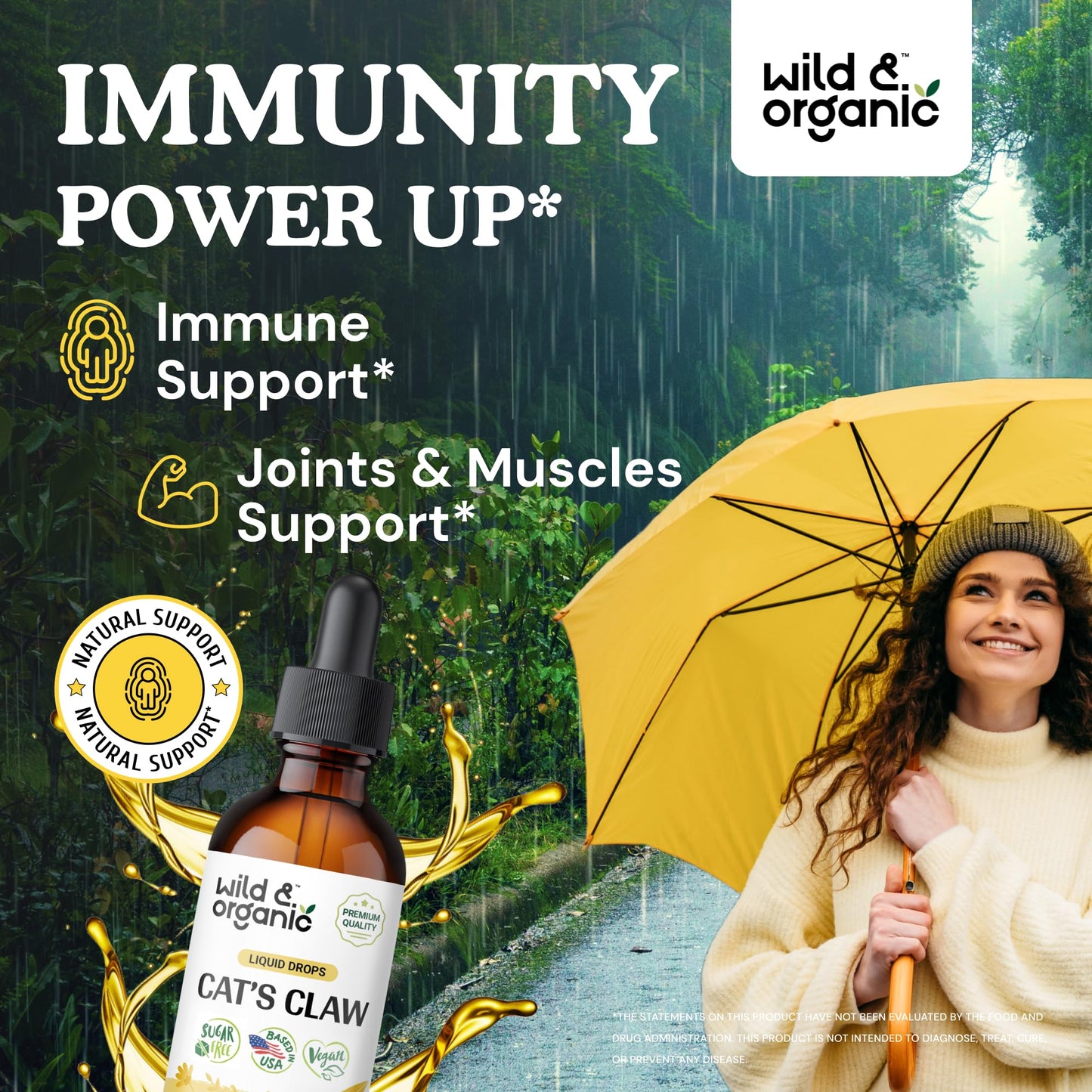 Wild & Organic Cats Claw Herb Supplement - Immune Support - Pure Cats Claw Tincture - Add to Tea Liquid Drops - Uncaria Tomentosa Bark - Vegan, Sugar & Alcohol-Free - 4 fl oz - PrimeBioHealth - canada supplements