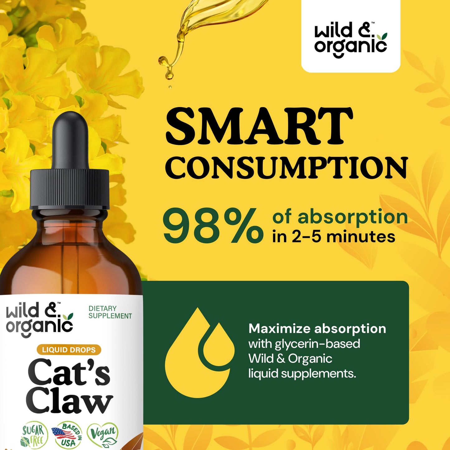 Wild & Organic Cats Claw Herb Supplement - Immune Support - Pure Cats Claw Tincture - Add to Tea Liquid Drops - Uncaria Tomentosa Bark - Vegan, Sugar & Alcohol-Free - 4 fl oz - PrimeBioHealth - canada supplements