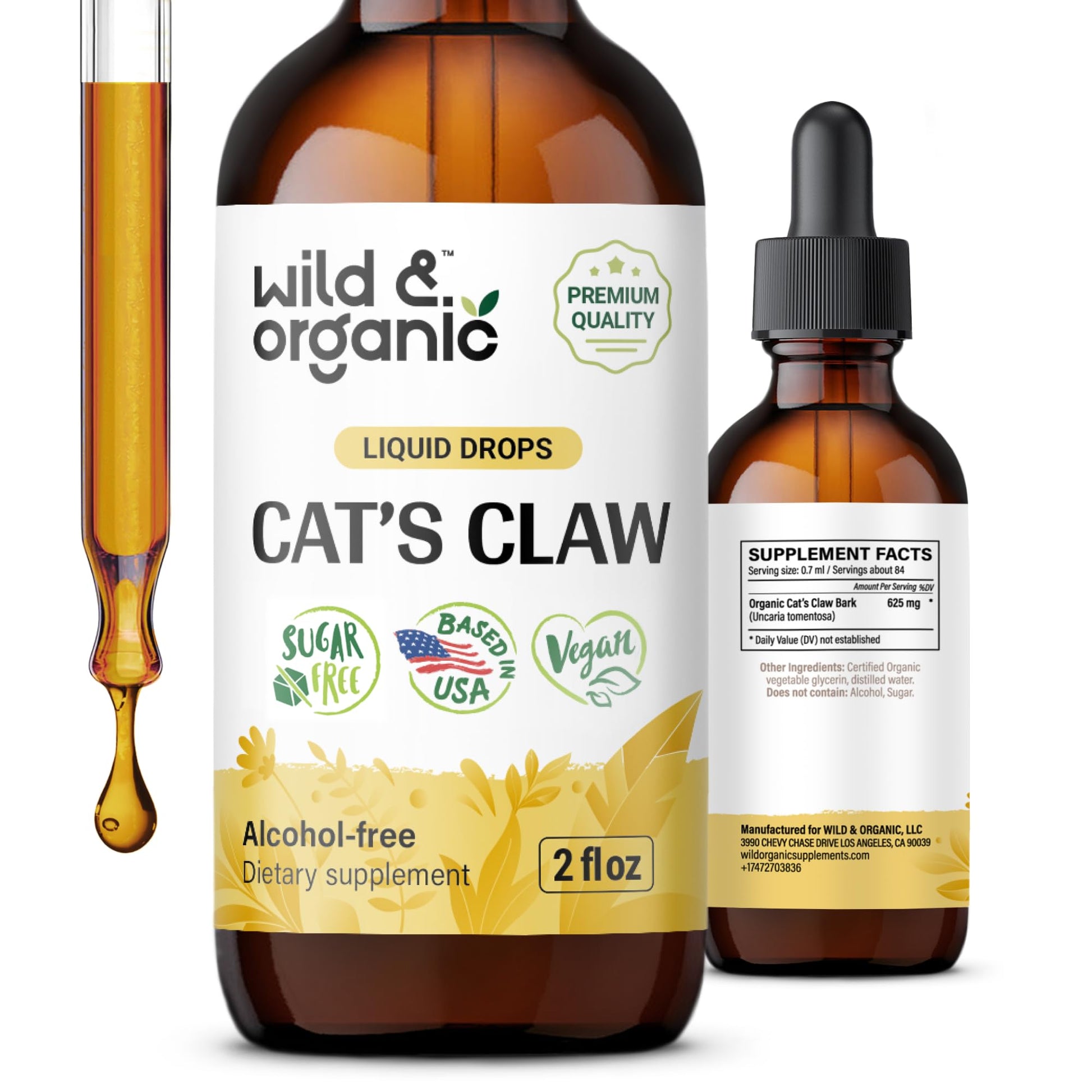 Wild & Organic Cats Claw Herb Supplement - Immune Support - Pure Cats Claw Tincture - Add to Tea Liquid Drops - Uncaria Tomentosa Bark - Vegan, Sugar & Alcohol-Free - 4 fl oz - PrimeBioHealth - canada supplements