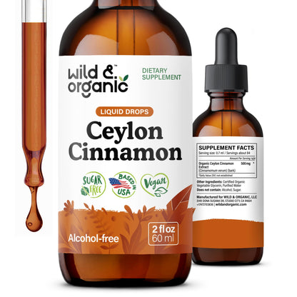Wild & Organic Ceylon Cinnamon Supplements 500mg - Antioxidant Support - Ceylon Cinnamon Drops - Add to Tea Liquid Extract - Cinnamomum Verum Bark - Unflavored, Sugar & Alcohol-Free Tincture - 4 fl oz - PrimeBioHealth - canada supplements