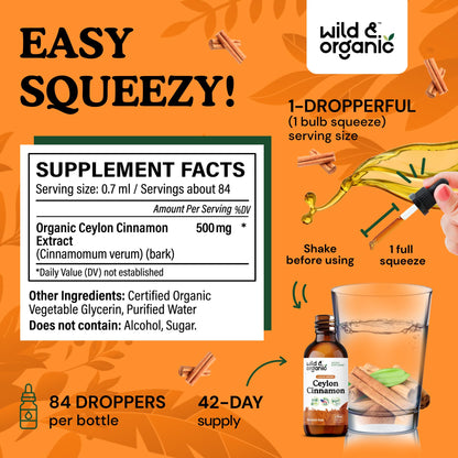 Wild & Organic Ceylon Cinnamon Supplements 500mg - Antioxidant Support - Ceylon Cinnamon Drops - Add to Tea Liquid Extract - Cinnamomum Verum Bark - Unflavored, Sugar & Alcohol-Free Tincture - 4 fl oz - PrimeBioHealth - canada supplements