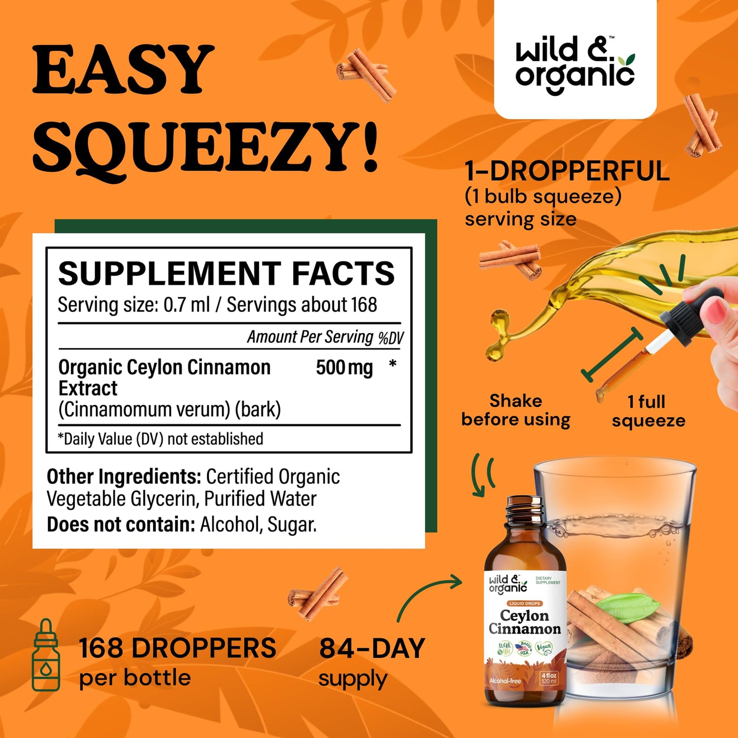 Wild & Organic Ceylon Cinnamon Supplements 500mg - Antioxidant Support - Ceylon Cinnamon Drops - Add to Tea Liquid Extract - Cinnamomum Verum Bark - Unflavored, Sugar & Alcohol-Free Tincture - 4 fl oz - PrimeBioHealth - canada supplements