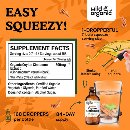 Wild & Organic Ceylon Cinnamon Supplements 500mg - Antioxidant Support - Ceylon Cinnamon Drops - Add to Tea Liquid Extract - Cinnamomum Verum Bark - Unflavored, Sugar & Alcohol-Free Tincture - 4 fl oz - PrimeBioHealth - canada supplements