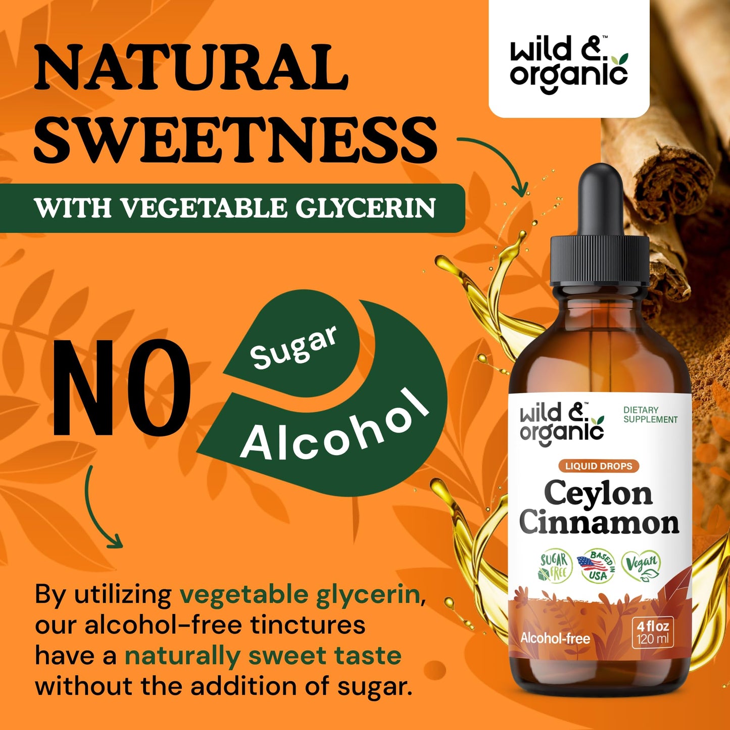 Wild & Organic Ceylon Cinnamon Supplements 500mg - Antioxidant Support - Ceylon Cinnamon Drops - Add to Tea Liquid Extract - Cinnamomum Verum Bark - Unflavored, Sugar & Alcohol-Free Tincture - 4 fl oz - PrimeBioHealth - canada supplements