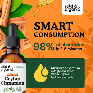 Wild & Organic Ceylon Cinnamon Supplements 500mg - Antioxidant Support - Ceylon Cinnamon Drops - Add to Tea Liquid Extract - Cinnamomum Verum Bark - Unflavored, Sugar & Alcohol-Free Tincture - 4 fl oz - PrimeBioHealth - canada supplements