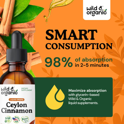 Wild & Organic Ceylon Cinnamon Supplements 500mg - Antioxidant Support - Ceylon Cinnamon Drops - Add to Tea Liquid Extract - Cinnamomum Verum Bark - Unflavored, Sugar & Alcohol-Free Tincture - 4 fl oz - PrimeBioHealth - canada supplements