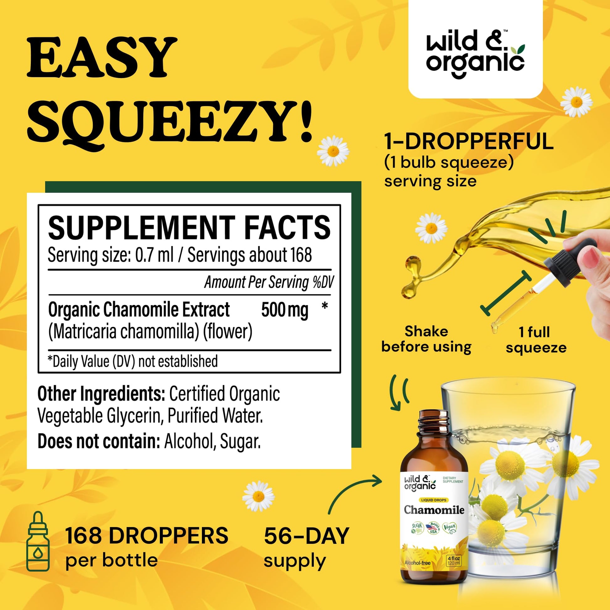 Wild & Organic Chamomile Flowers Drops - Add to Tea for Relaxation Support - 500 mg Chamomile Extract Liquid Drops - Calming Herbal Supplement - 56-Day Supply - Vegan, Sugar & Alcohol-Free - 4 fl oz - PrimeBioHealth - canada supplements