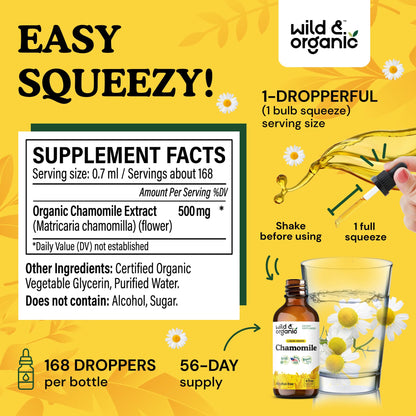 Wild & Organic Chamomile Flowers Drops - Add to Tea for Relaxation Support - 500 mg Chamomile Extract Liquid Drops - Calming Herbal Supplement - 56-Day Supply - Vegan, Sugar & Alcohol-Free - 4 fl oz - PrimeBioHealth - canada supplements