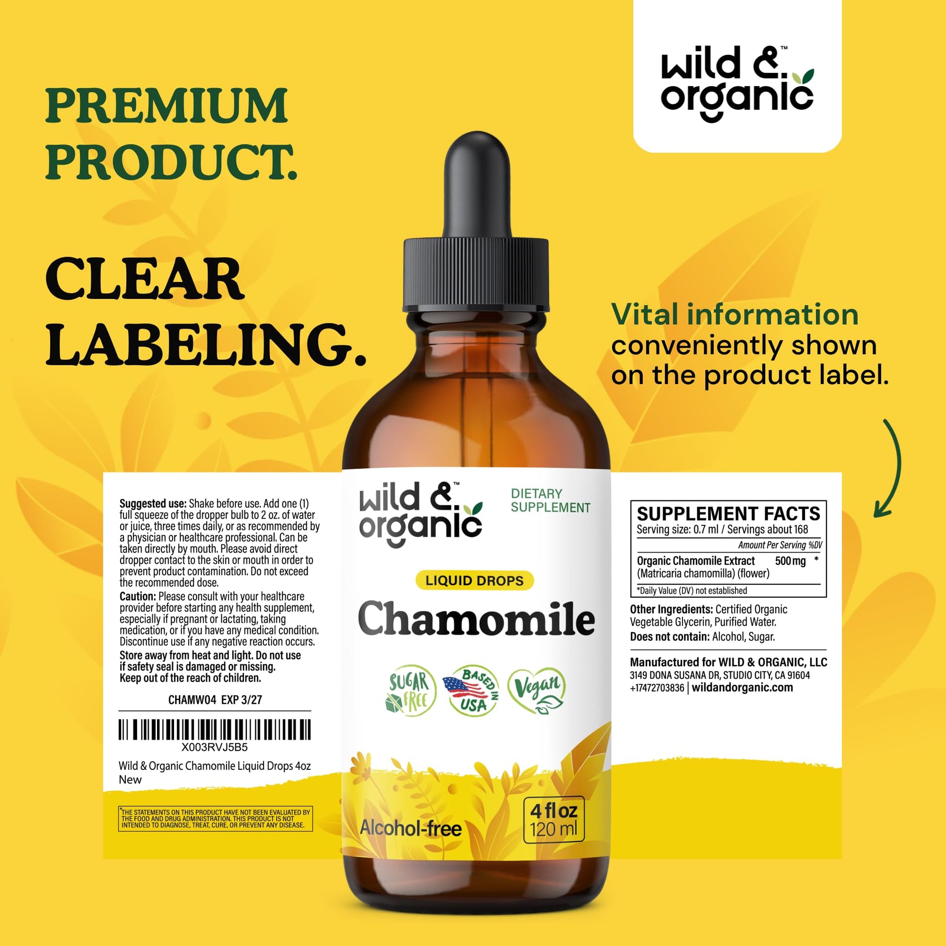Wild & Organic Chamomile Flowers Drops - Add to Tea for Relaxation Support - 500 mg Chamomile Extract Liquid Drops - Calming Herbal Supplement - 56-Day Supply - Vegan, Sugar & Alcohol-Free - 4 fl oz - PrimeBioHealth - canada supplements